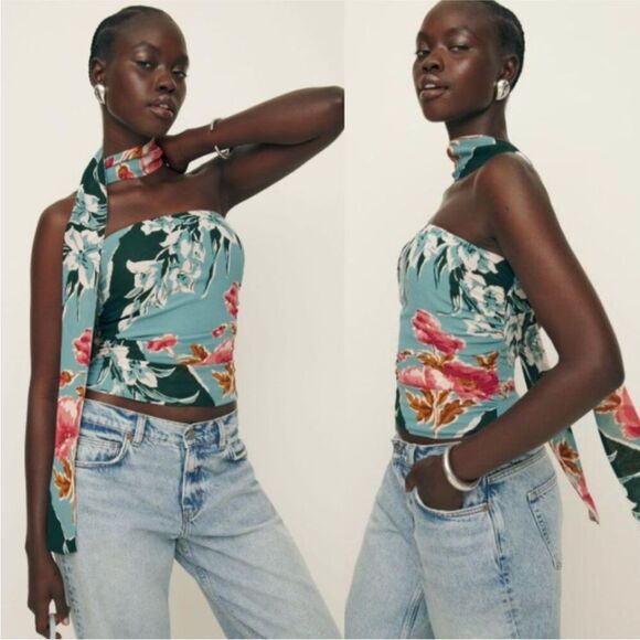Reformation Lennon Top Paloma Floral Strapless Top - Green and Pink size 12 - Picture 1 of 5